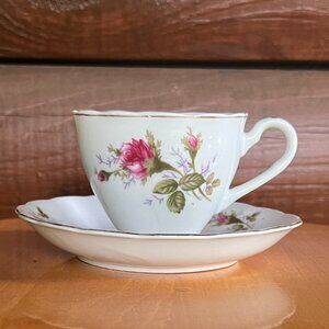Vintage Japan Porcelain Roses Teacup & Saucer with Gold Trim, Set #1